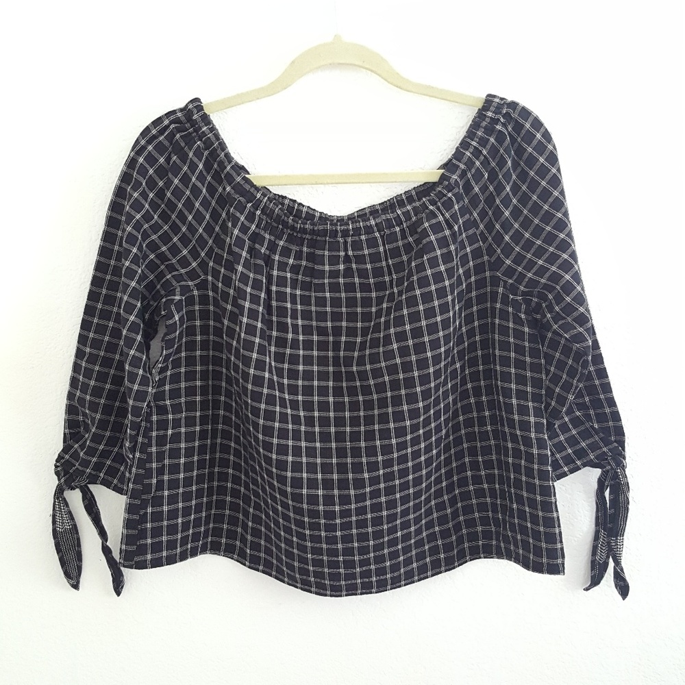 Madewell Black Ivory Plaid Off The Shoulder Top - Picture 3 of 8